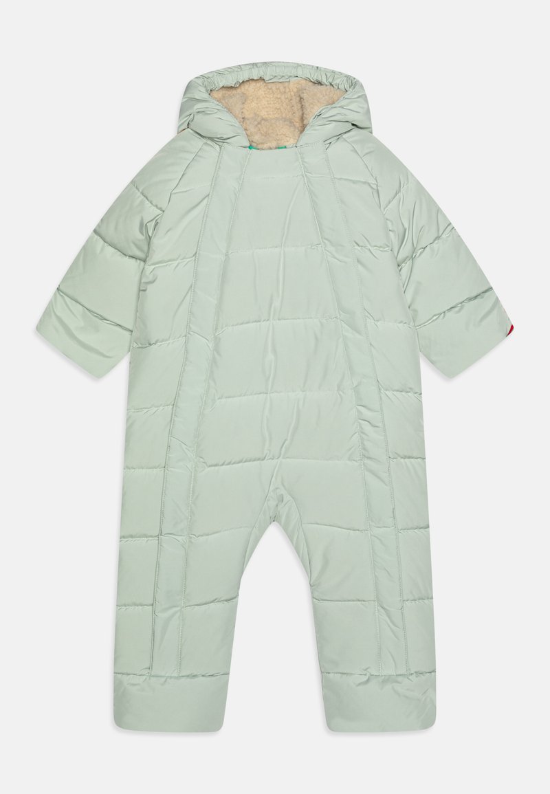 Mintovo zelený zateplený jednodielny snowsuit s kapucňou, štruktúrovanou podšívkou, širokými rukávmi a pruhovanými akcentmi na manžetách.