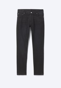 Jean slim noir avec fermeture par bouton et zip, poches avant et passants de ceinture, posé à plat sur un fond blanc.