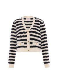 Cardigan all'uncinetto con spesse righe orizzontali nere e crema, scollo a V, bottoni dorati e polsini e orlo a costine.