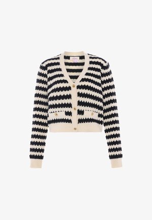 Pletená kardigán se silnými černobílými horizontálními pruhy, véčkovým výstřihem, zlatými knoflíky a ribom přízemi na manžetách a lemu.