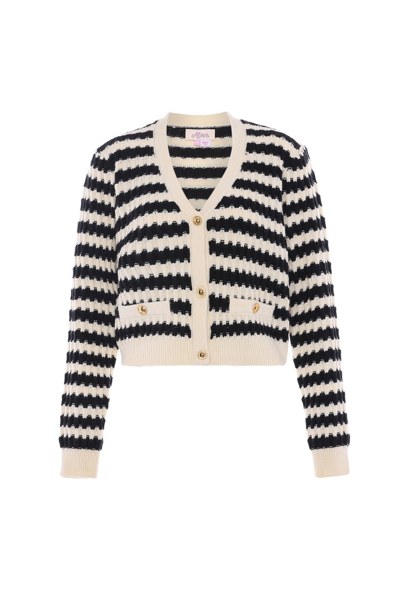 Cardigan all'uncinetto con spesse righe orizzontali nere e crema, scollo a V, bottoni dorati e polsini e orlo a costine.