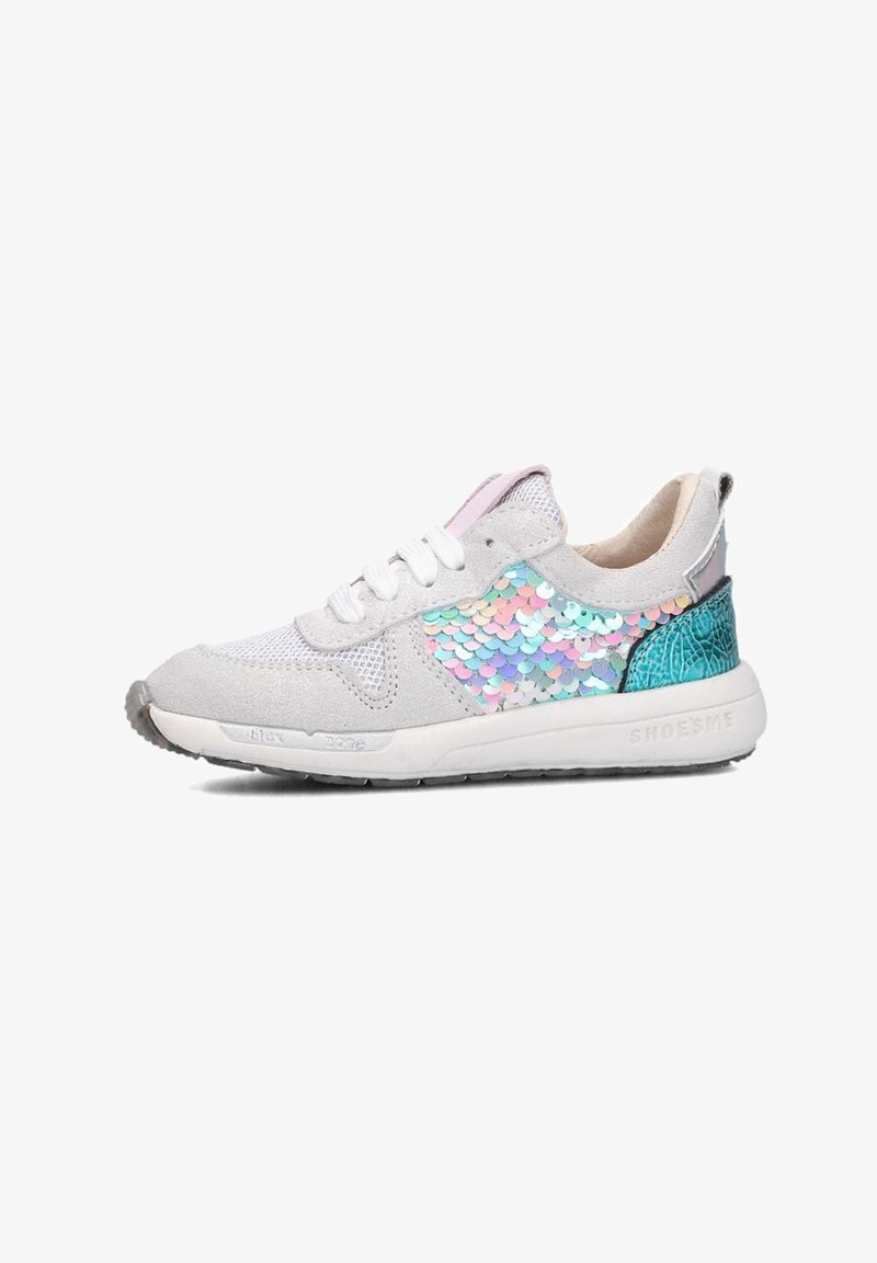 Gray sneaker with mesh and suede materials, featuring a rainbow sequin accent on the side and a turquoise heel, white lace-up design.