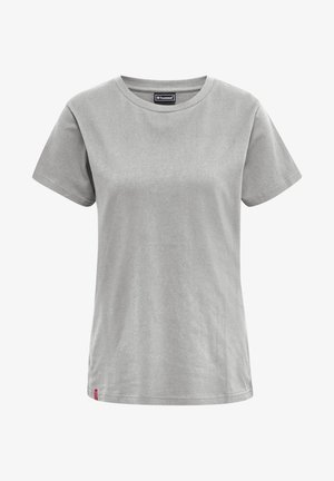 Grijze T-shirt met korte mouwen van katoen, met een ronde halslijn, reguliere pasvorm en een klein rood logo aan de zoom. Glad materiaal.