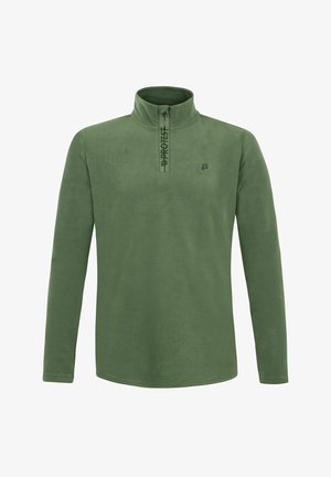 Vihreä fleece-pusero, jossa on korkea kaulus, puoliveto ja pitkät hihat. Sisältää hienovaraisen logon ja pehmeän, tekstuuripintaisen kankaan.
