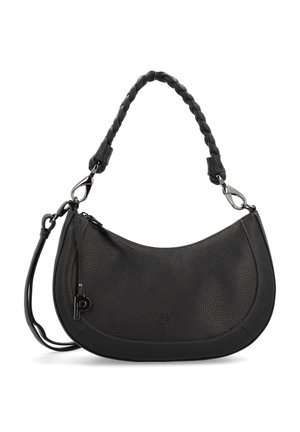 Musta nahkainen hobo-laukku, jossa on teksturoitu pinta, punottu kahva ja hopeiset metalliosat; laukussa on vetoketjullinen suljin ja kohokuvioitu logoyksityiskohta.