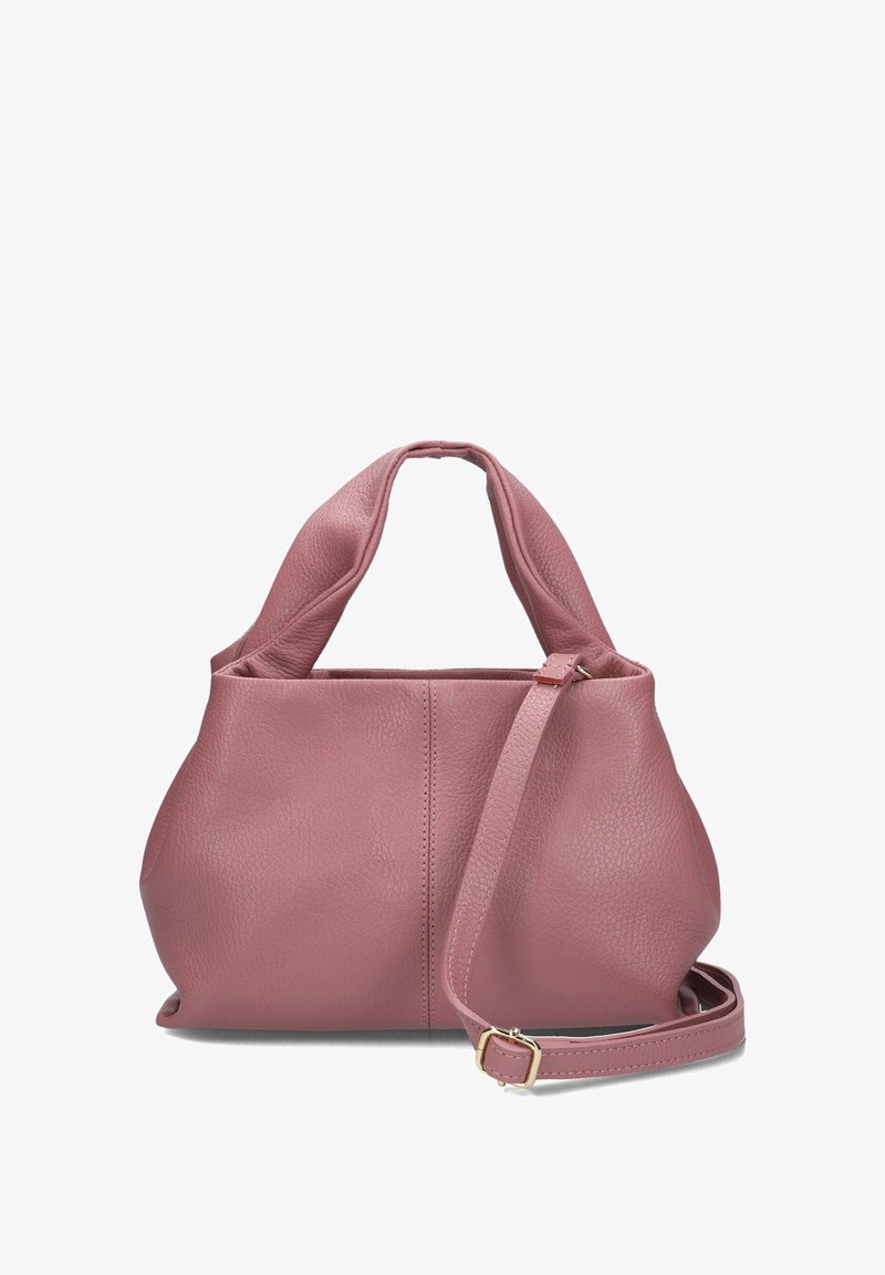 Roze handtas van pebble leer met een gestructureerde vorm, dubbele korte handgrepen en een afneembare lange schouderband. Heeft minimale stiksels.