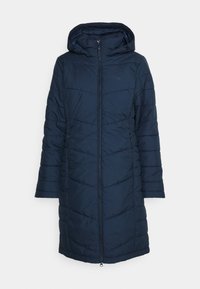 Tmavě modrý dlouhý prošívaný kabát s kapucí, zapínání na přední zip a boční kapsy. Hladký, vycpaný povrch.