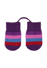 Lila gestrickte Handschuhe mit lebhaften horizontalen Streifen in Rosa, Blau und Rot. Sie haben eine sichere verbindende Schnur für einfaches Handling.