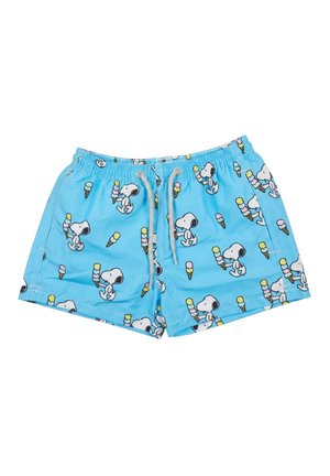Pantaloncini da bagno blu con coulisse bianca, decorati con personaggi di Snoopy ripetuti che tengono coni gelato.