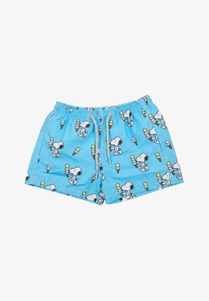 Pantaloncini da bagno blu con coulisse bianca, decorati con personaggi di Snoopy ripetuti che tengono coni gelato.