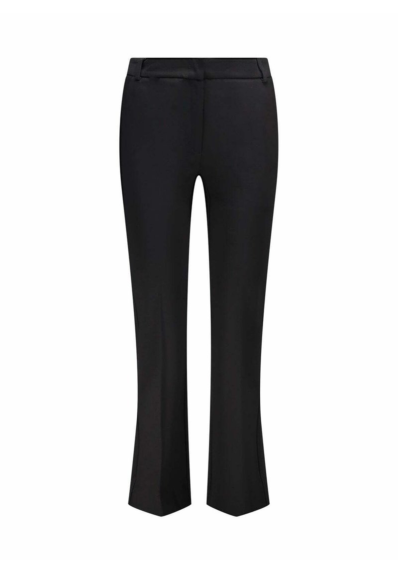Zwarte op maat gemaakte broek van een gladde stof, met een uitlopende onderkant en subtiele stikdetails. Kenmerkt zich door een klassieke tailleband en zijzakken.