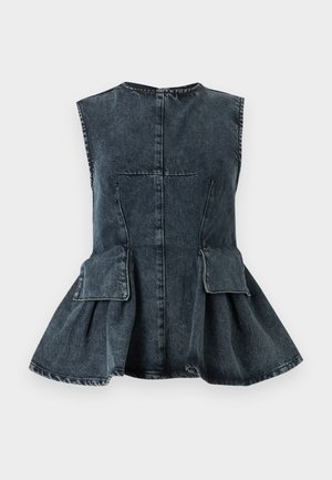 Denim peplum top in dark wash, sleeveless design with a high neckline, featuring two front pockets and a flared, gathered bottom.