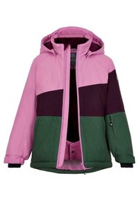 Bunte Winterjacke mit pinken, tiefvioletten und grünen Einsätzen. Das Material wirkt strukturiert, mit einer Kapuze und einem Reißverschluss, akzentuiert von schwarzen Bündchen.