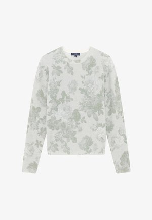 Maglione grigio chiaro con un motivo floreale in toni morbidi di verde. Progettato con scollatura a girocollo e maniche lunghe, con polsini e orlo a coste.