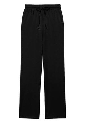 Schwarze weite Hose mit elastischem Bund und vorderem Kordelzug, flach auf einem weißen Hintergrund präsentiert.