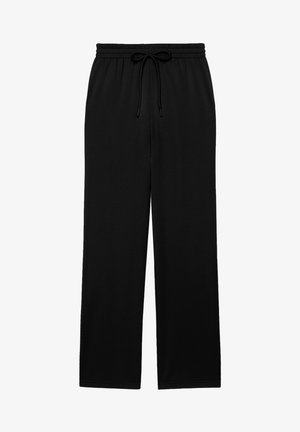 Black wide-leg pants with elastic waistband and front drawstring tie, displayed flat on a white background.