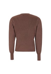 Pull en maille côtelée marron avec manches longues, poignets ajustés et motif côtelé en forme de V dans le dos.