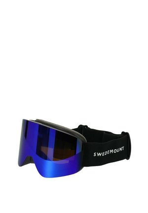 Blue ski goggles with a curved design, black adjustable strap labeled "SWEDEMOUNT," and reflective mirrored lenses.