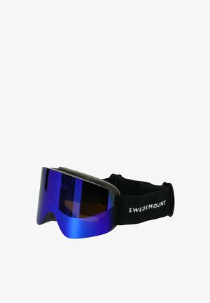 Blaue Skibrille mit gebogenem Design, schwarzem verstellbarem Band mit der Beschriftung "SWEDEMOUNT" und verspiegelt miror Linsen.
