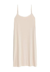 Vestido de tirantes en color beige claro, hecho de tela suave, con un corte relajado, textura lisa y un diseño simple y sin adornos.