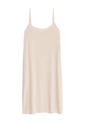 Lys beige spaghetti-stropkjole, lavet af blødt stof, med en afslappet pasform, glat tekstur og et enkelt, udekoreret design.