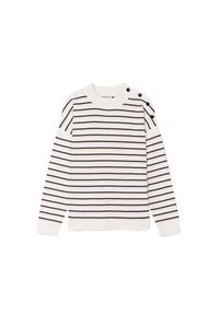 Pull rayé en crème avec des rayures horizontales bleu marine. Présente un col rond et des boutons sur l'épaule gauche. Tissu en maille doux et texturé.