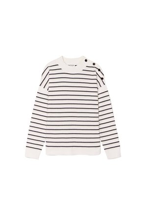 Maglione a righe in crema con strisce orizzontali blu navy. Presenta un collo rotondo e bottoni sulla spalla sinistra. Tessuto in maglia morbido e strutturato.