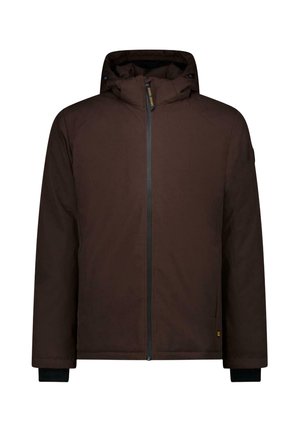 Bruine winterjas met capuchon, rits aan de voorkant en zwarte binnenboorden, getoond op een witte achtergrond.