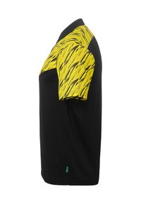 T-shirt de sport noir à manches courtes avec un motif abstrait jaune vif, fabriqué dans un matériau léger, conçu pour le confort.