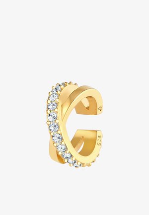 Cufă pentru ureche de culoare aurie cu un design spiralat, având o serie de cristale clare pe o margine. Marcata cu "925" care indică argint sterling.