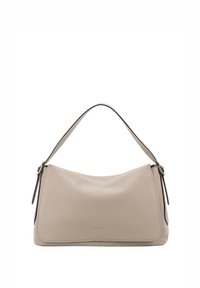 Beige leather shoulder bag with a curved shape, flat bottom, and a slim, adjustable strap. Features subtle stitching and a gold logo accent.