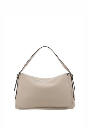 Beige leather shoulder bag with a curved shape, flat bottom, and a slim, adjustable strap. Features subtle stitching and a gold logo accent.