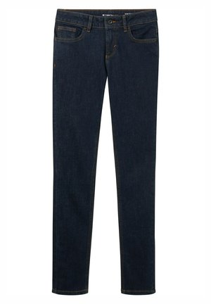 Mørkeblå denimjeans med slim fit, der har fem lommer, lynlås og kontrastfarvet orange syninger langs sømmene.
