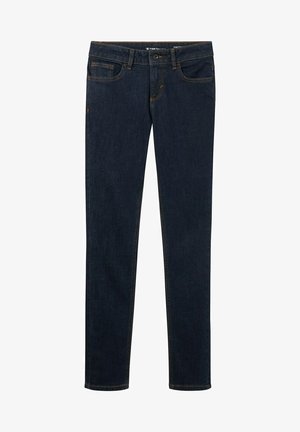 Jean en denim bleu foncé à coupe slim, avec cinq poches, une fermeture éclair et des coutures orange contrastantes le long des coutures.