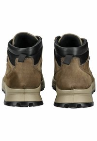 Botas de tobillo de ante marrón con acentos de cuero negro, parte superior texturizada y suelas de goma resistentes con profundos relieves para mayor agarre.
