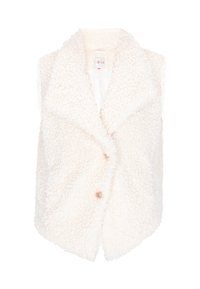 Crème-kleurige mouwloze vest gemaakt van textiel met een zachte, pluizige uitstraling. Heeft een gedrapeerde kraag en twee gouden knopen.