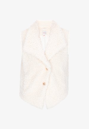Gilet senza maniche di colore crema realizzato in un tessuto testurizzato con un aspetto morbido e peloso. Presenta un colletto drappeggiato e due bottoni dorati.
