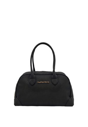 Borsa a mano in pelle nera con due manici e scritta del logo dorata sul davanti, con una parte superiore arrotondata e forma rettangolare strutturata.