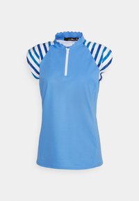 Ljusblå sporttop med hög krage och scalloped kant. Rutig kort ärm i blått och vitt. Har en dragkedja fram.