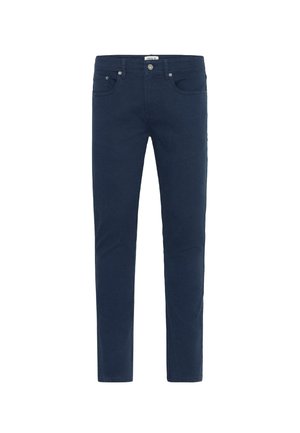 Marineblauwe denim jeans met een slim fit, vijf zakken en een ritsluiting. Gladde textuur met subtiele stiksels door het geheel.
