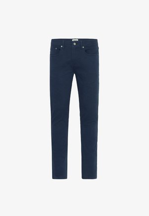 Navy blue denim jeans with a slim fit, five pockets, and a zip fly closure. Smooth texture with subtle stitching details throughout.