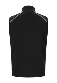 Schwarze ärmellose Weste mit hohem Kragen und grauen reflektierenden Streifen an den Schulternähten, von hinten auf einem weißen Hintergrund gezeigt.