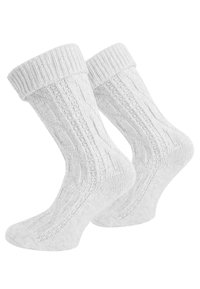 Strick weiße Socken mit gerippten Bündchen, die ein Kabelmuster und eine strukturierten Oberfläche aufweisen. Weiches Material, mittlere Höhe und nahtloses Fußdesign.