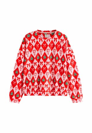 Red and white long-sleeve shirt featuring a diamond pattern with green ornaments, red bows, and candy canes in vibrant colors.