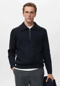 Pullover lavorato a maglia navy con colletto alto e chiusura a zip a quarto. Tessuto a coste, maniche fitted, indossato sopra una camicia bianca. Pantaloni a righe verticali.