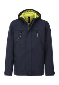 Navy hooded jacket with a bright green inner lining. Features zippered chest pockets and snap buttons. Made of a smooth, water-resistant material.
