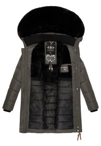 Padded parka in dark gray with a large black faux fur hood. Features a zip closure, two-tone lining, and ribbed cuffs. Notable interior labels.