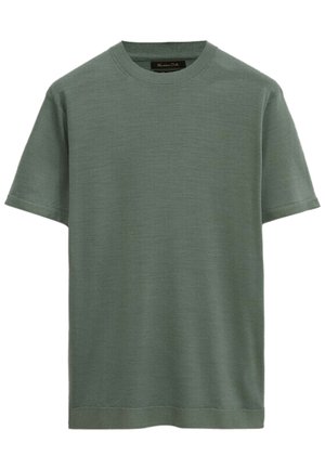 Kortærmet, rundhalset grøn strikket T-shirt med ensfarvet design, vist på hvid baggrund.