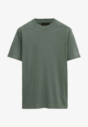 Short-sleeve, crew neck green knitted T-shirt with a plain design, displayed on a white background.