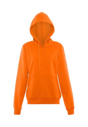 Leuchtend orange Pullover mit Kapuze, Fronttasche, Kordelzug an der Kapuze sowie gerippten Bündchen und Saum auf weißem Hintergrund.